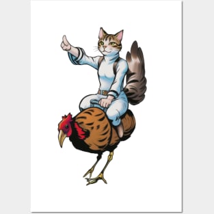 Whimsical Cat Riding Chicken Posters and Art